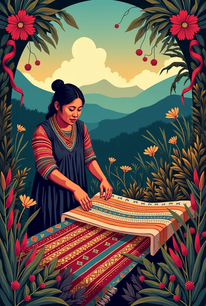 CREATE AN ILLUSTRATION OF THE Ñimin TECHNIQUE (Mapuche fabric) Chilean