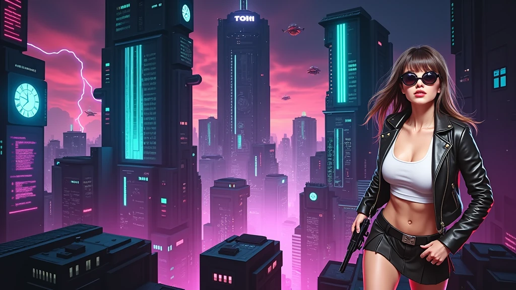 (Wide angle aerial view). At night, simple outlined cyberpunk city, flying cars, all-glass buildings, glowing giant clock tower, lightning, line art background. High-resolution OLED GUI interfaces in the building, The windows are filled with transparent data visualization infographics that show it all, very close-up green glowing cascading code. Colors are saturated and vibrant. At night, (1girl, solo, alone), photorealistic, large-breast slim:0.6 body, oval:0.5 face, black mini bra, cleavage:1.1, deep-v, very low angle view of black pleated miniskirt, white panty, (upskirt), glove, (Matrix style black micro sunglasses), (aiming viewer with a short gun), dynamic running pose, (half-body thigh level close-up shot), cinematic lighting, ray tracing, motion blur background.