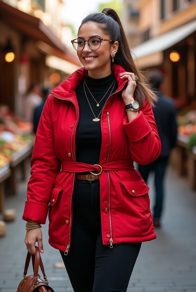 Full body beautiful white curvy hourglass body shape italian woman, 5'8" tall, medium ponytail brown hair, deep brown round eyes, wearing close zipped up red nylon collared quilted belted parka down winter jacket with golden buttons, black straight pants, rolled up sleeves, zipping up jacket, up collar, black turttleneck collar shirt under jacket, happy smile, walking on free market, high hill sandals, summer sunny day, bag, reading glasses, watch and bracelet, neck chain, ear rings, hand on hair