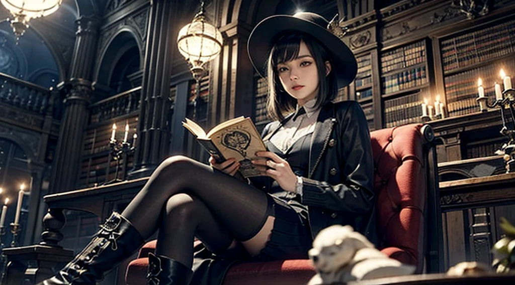 One woman reading a grimoire at a seat in a fantastic library, Black Hat, Black Boots, Black Long Cardigan, White dress, Black hair, Short bob