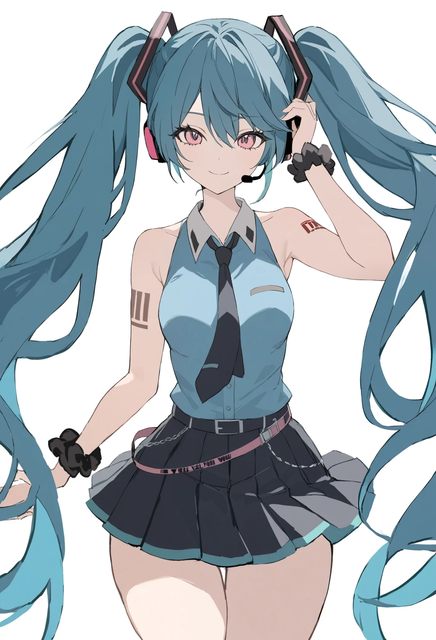 1girl, style:inu totemo, hatsune miku, tell your world (vocaloid), vocaloid, adjusting headset, bare shoulders, belt, black necktie, black scrunchie, black skirt, blue hair, blue shirt, closed mouth, collarbone, cowboy shot, dot nose, floating hair, hair between eyes, hair ornament, hand up, head tilt, headset, long bangs, long hair, looking at viewer, loose belt, microphone, miniskirt, multicolored shirt, necktie, number tattoo, pink eyes, pink shirt, pleated skirt, scrunchie, shirt, sidelocks, simple background, skirt, sleeveless, sleeveless shirt, smile, solo, straight-on, tattoo, thick thighs, thighs, twintails, very long hair, white background, wrist scrunchie, white shirt, masterpiece, best quality,  