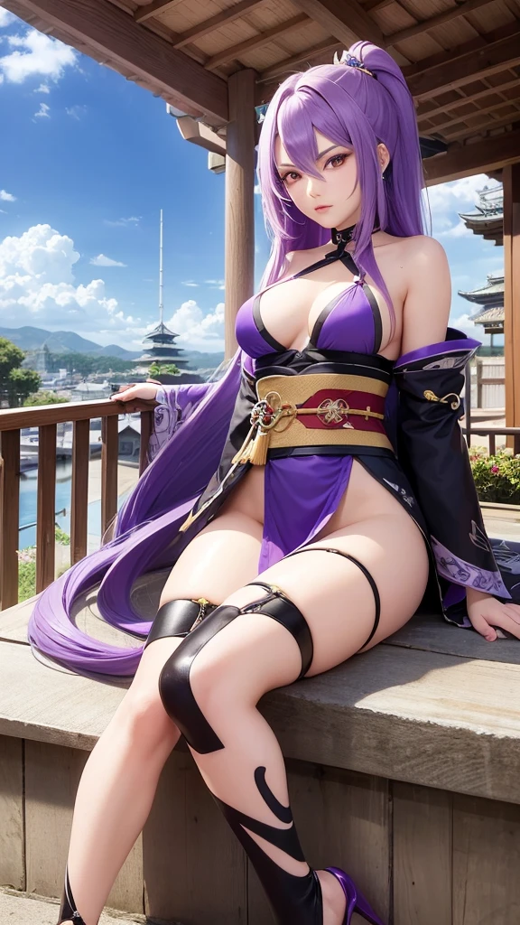 Beautiful woman with long purple hair, straight hair, game character, Shogun Raiden, character from Genshin impact, Sitting on the terrace of a Japanese castle, Serious face, looking at the horizon