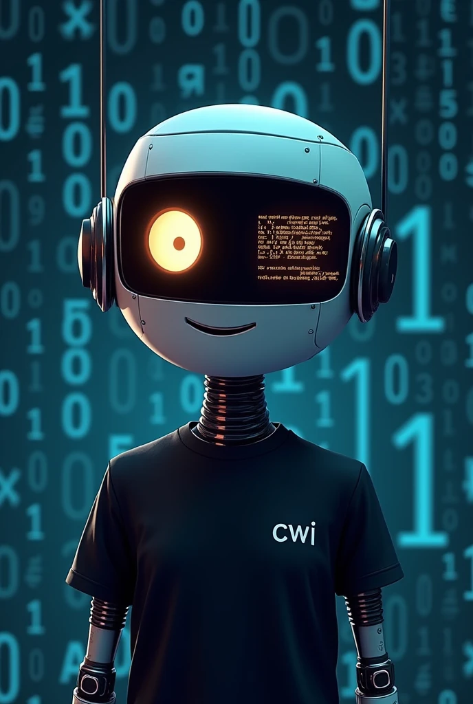 art of an avatar of a code reviewing robot wearing a black t-shirt with "CWI" on right side and face like robo with visor reflecting Java code looking front of the camera like animations 2d. Friendly and kind robot. The background should be numbers like 0 and 1 reppeteadly