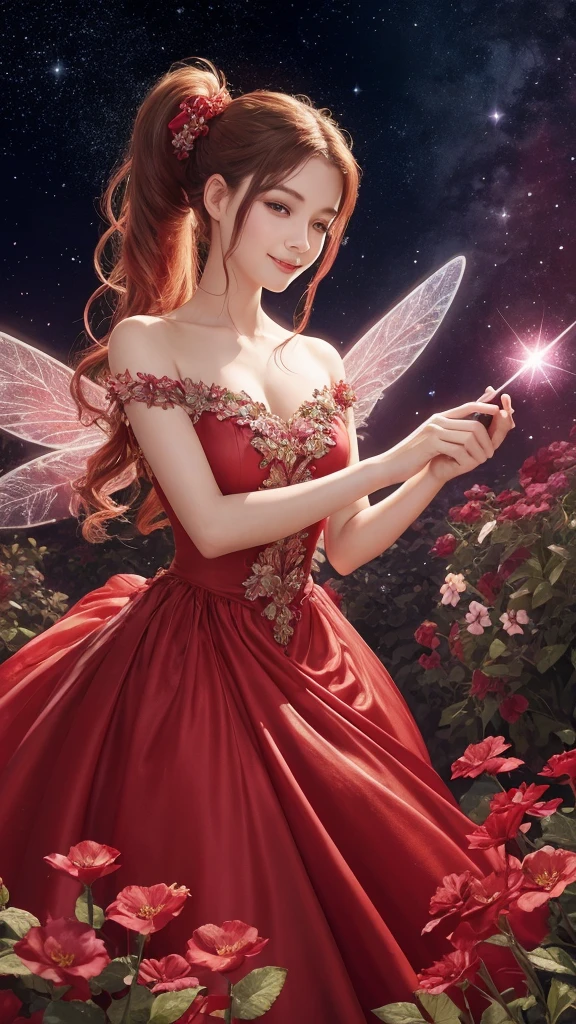 A beautiful flower fairy with red dress and ponytail hair,holding a starry wand. She has transparent, colorful wings and a gentle smile, facing the viewer directly. The background is a bright, colorful garden full of flowers in a daytime setting, depicted in romantic fantasy digital art, showing only the upper half of her body.