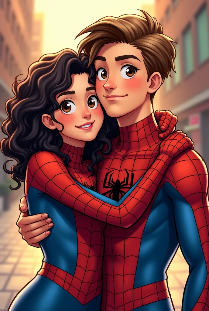 Black teenage female girl with curly hair and brown eyes wearing spiderman clothes hugging a teenage male boy , high, Brunette with straight hair dyed brown and blonde, with brown eyes and Spiderman clothes, comic Spiderman