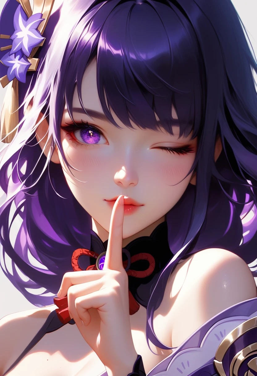 score_9, score_8_superior, score_7_superior,sauce_anime, High-resolution images,masterpiece,Highest quality,girl,Cute Face,Beautiful Skin,_Shogun_Genshin Impact, Purple long hair,One finger raised to his lips,Winking with one eye closed