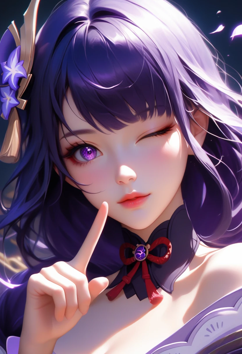 score_9, score_8_superior, score_7_superior,sauce_anime, High-resolution images,masterpiece,Highest quality,girl,Cute Face,Beautiful Skin,_Shogun_Genshin Impact, Purple long hair,One finger raised to his lips,Winking with one eye closed