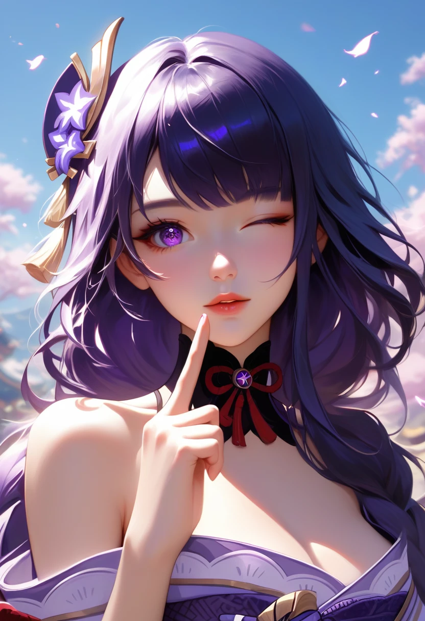 score_9, score_8_superior, score_7_superior,sauce_anime, High-resolution images,masterpiece,Highest quality,girl,Cute Face,Beautiful Skin,_Shogun_Genshin Impact, Purple long hair,One finger raised to his lips,Winking with one eye closed