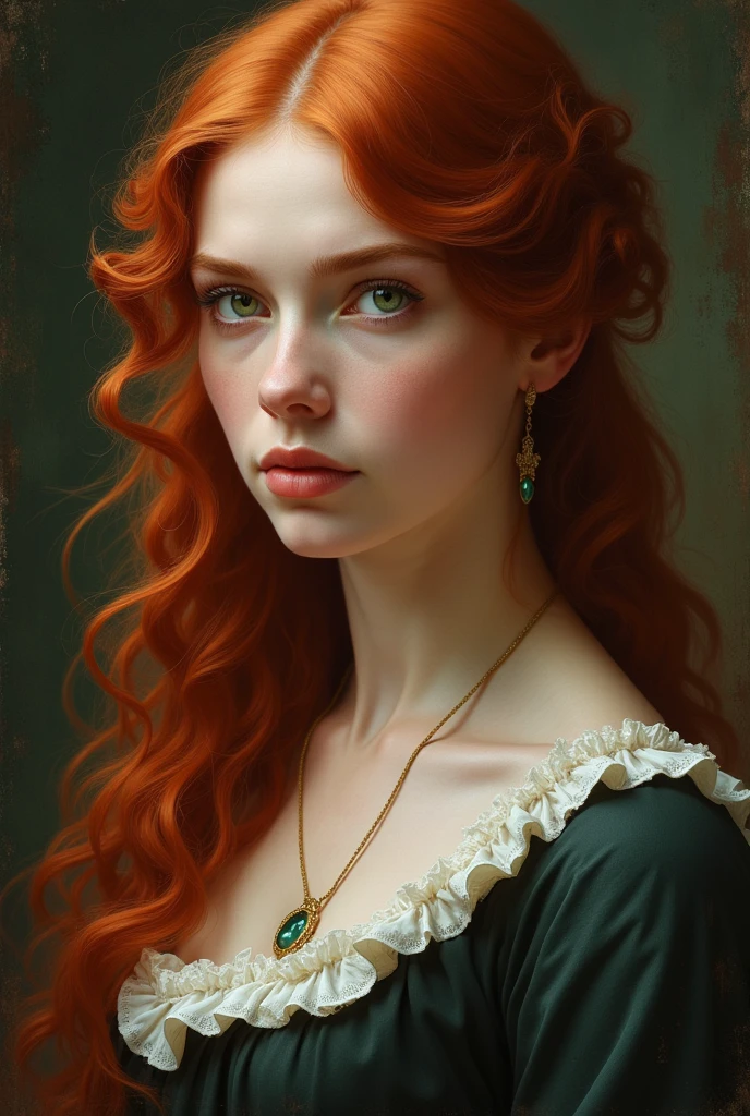 red-haired woman, wavy hair 2, greeneyes, Serious countenance. 19th century
