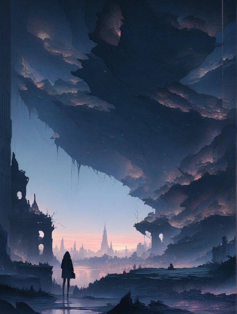 score_9, score_8_up, score_7_up, score_アニメ, masterpiece, best quality, delicate illustration, sharp line, sharp focus, BREAK,Traveler girl wandering in the ruins of endless night, the girl is wearing a hood, a lot of baggage in her backpack., night、City of the Future、Fantastic landscape、Beautiful Landscape、Harmony with Nature、Spectacular views、Machine City
