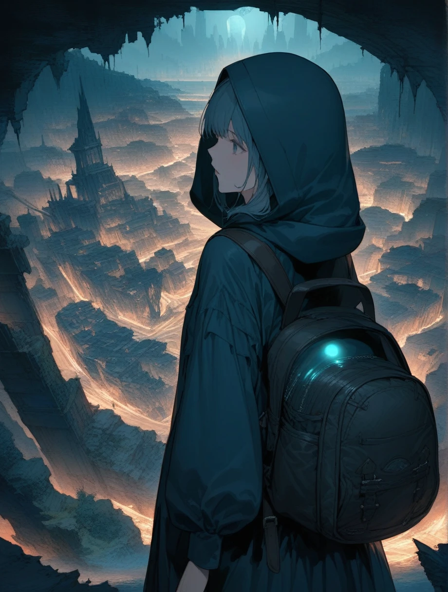 score_9, score_8_up, score_7_up, score_アニメ, masterpiece, best quality, delicate illustration, sharp line, sharp focus, BREAK,Traveler girl wandering in the ruins of endless night, the girl is wearing a hood, a lot of baggage in her backpack., night、City of the Future、Fantastic landscape、Beautiful Landscape、Harmony with Nature、Spectacular views、Machine City