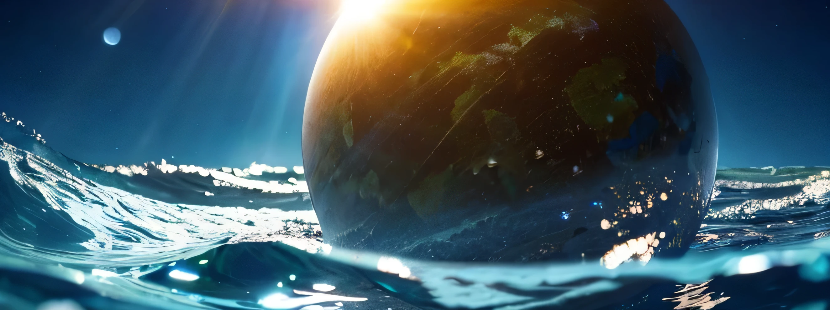 Mystical image. Light reaches the ocean floor. Sphere on the ocean floor. Space is inside the sphere. Precise and detailed 3D image.
