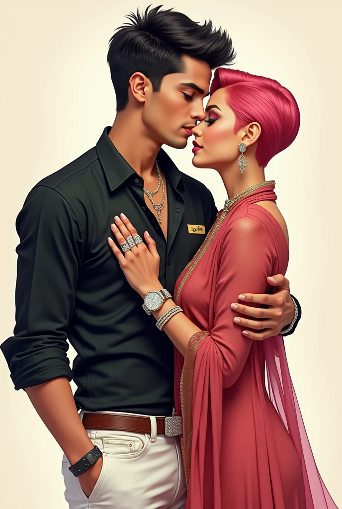 A handsome young man with black hair, withshort hair , , black eyes, he is wearing a black formal shirt, Jass name sticker on shirt and white jean pant , Diamond watch and diamond belt and he hugs an incredibly beautiful femme fatale young woman, she has a pink hair with a very short haircut standing next to him, she has a punjabi suit and big breast,she has brilliant green eyes, . Masterpiece, perfect image, realistic pictures, detailed face study, full-length image, 8k, detailed image. an extremely detailed illustration, a real masterpiece of the highest quality, with careful drawing. Sasuke Uchiha and Sakura Haruno