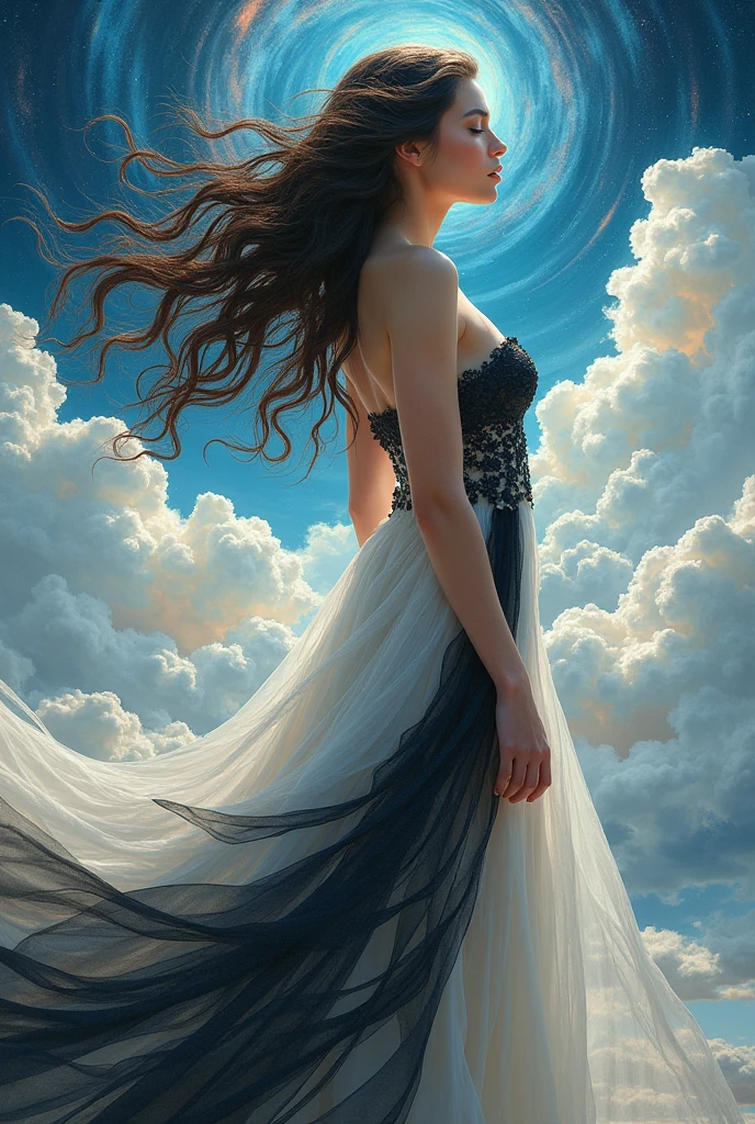 Ultra Beautiful Woman Definition of Love, ultra shiny hair swirling and woven, big breasts, puffy clouds, blue skies, multicolor cosmic background, beautiful white swirled in black silk gaussian gown, dynamic pose, wants a kiss, 36k resolution highest detail, gere, beleza abstrata Fantomas, Looking at the camera, peito grande, approaching perfection, dynamic, azul vermelho e laranja cores, altamente detalhado, oil painting, artstation, arte conceitual, sharp focus, illustration, arte por Carne Griffiths e Vadim Kashin