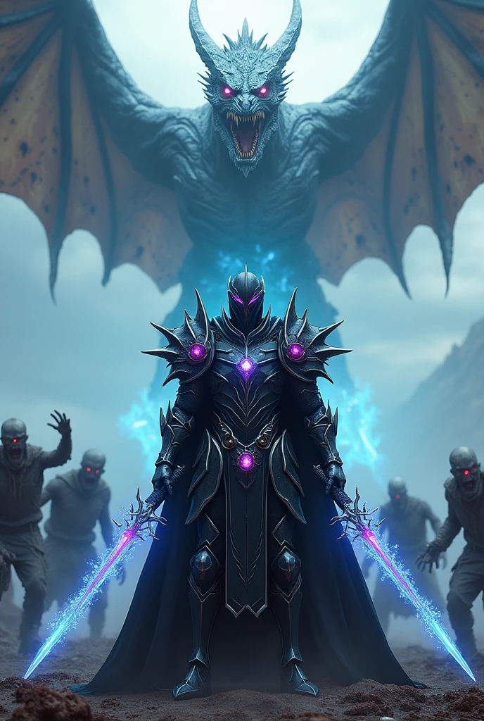 knight wearing black gel armor with ruby and amethyst gemstones , wielding two enchanted ice blades , behind him there is an army of zombies and a flying zombie dragon spitting ice 


