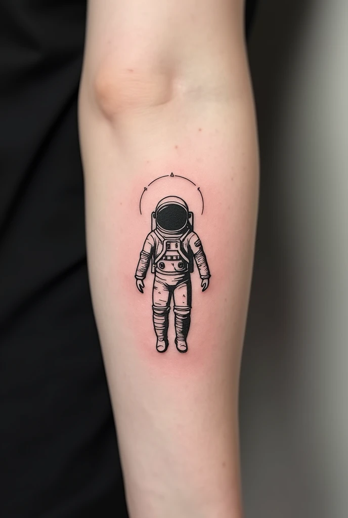 Forearm tattoo about space only with black ink without any filler and that has an astronaut And that gives a message that dreams are big that's why space