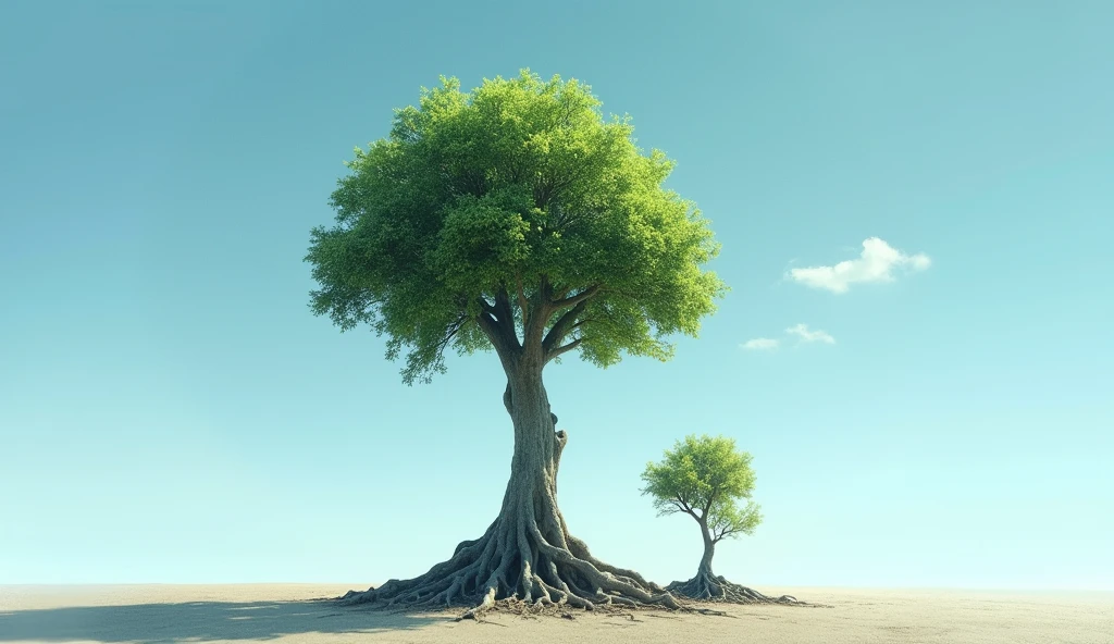 A robust tree with deep roots (humility) next to a small, fragile tree (pride). The sky is clear and blue, symbolizing peace and growth.