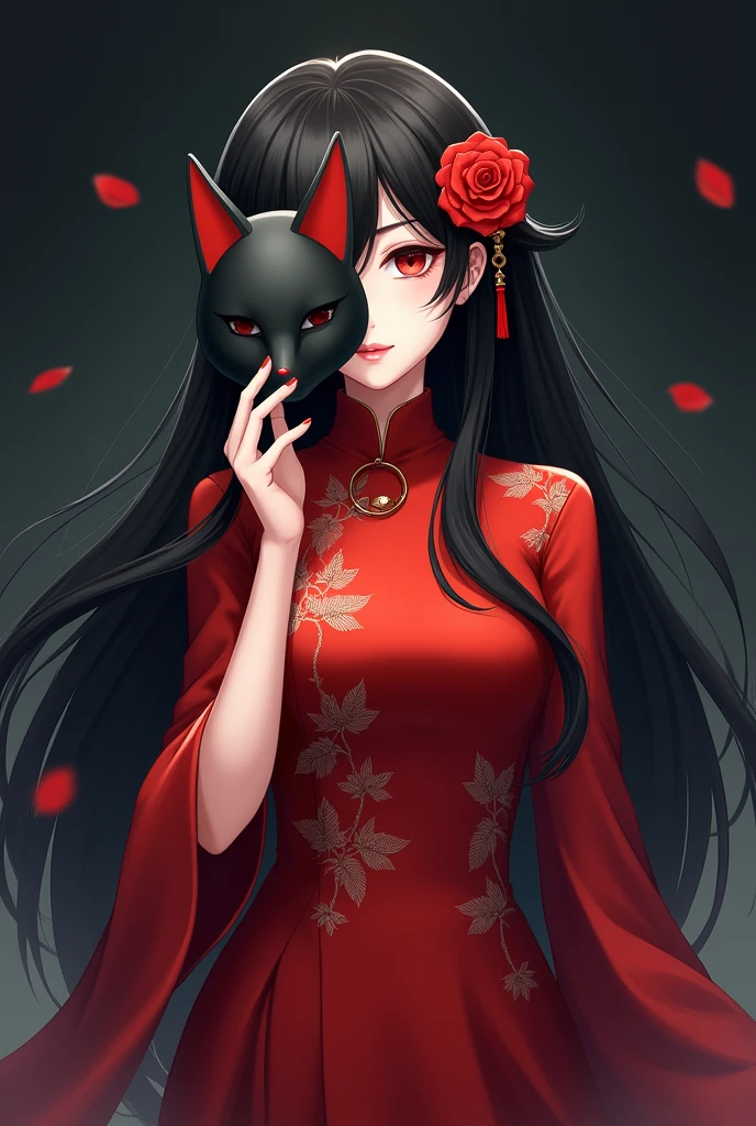 Anime chinese girl with long black hair with a rose in her hair wearing a red oriental dress holding a kitsune mask in front of her face with her right hand mask covering half of her face vertically with a mysterious dark background