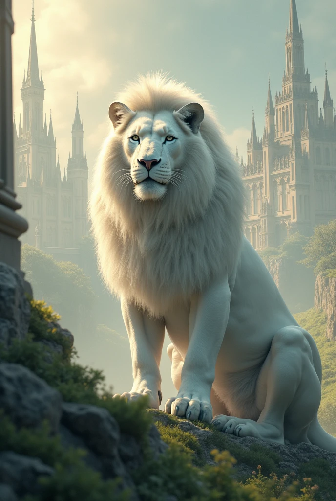 A lion with white colour is sitting on the kingdom