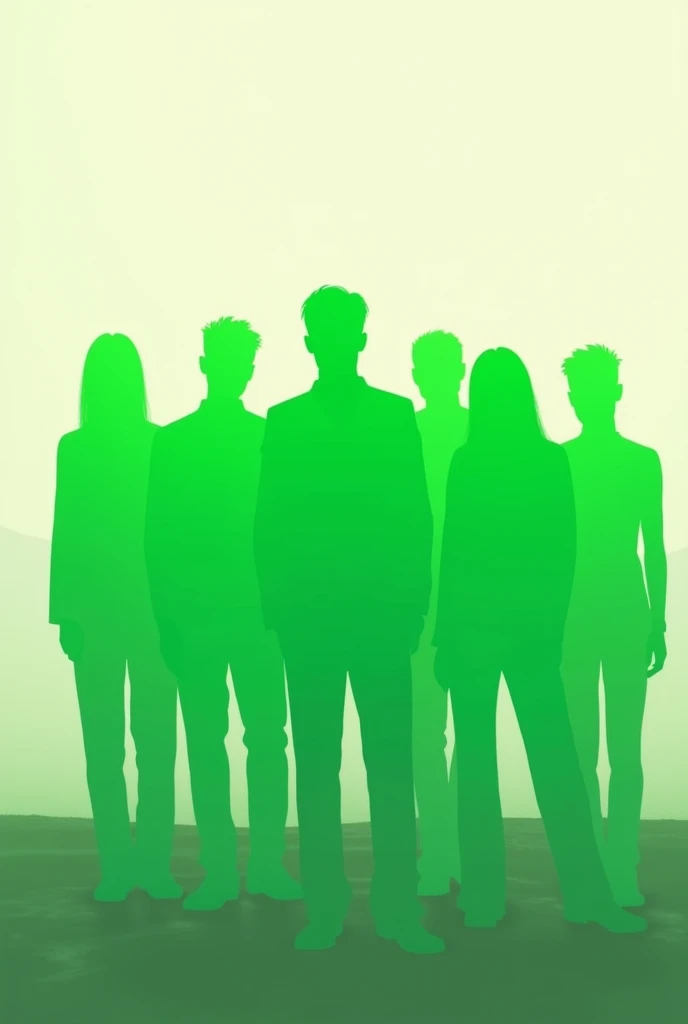 Generate me an image with 10 silhouette of people together color only the silhouette of the people green