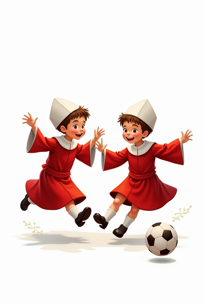 Two Catholic altar boys in red cassocks and white caps playing football, White background, disney type