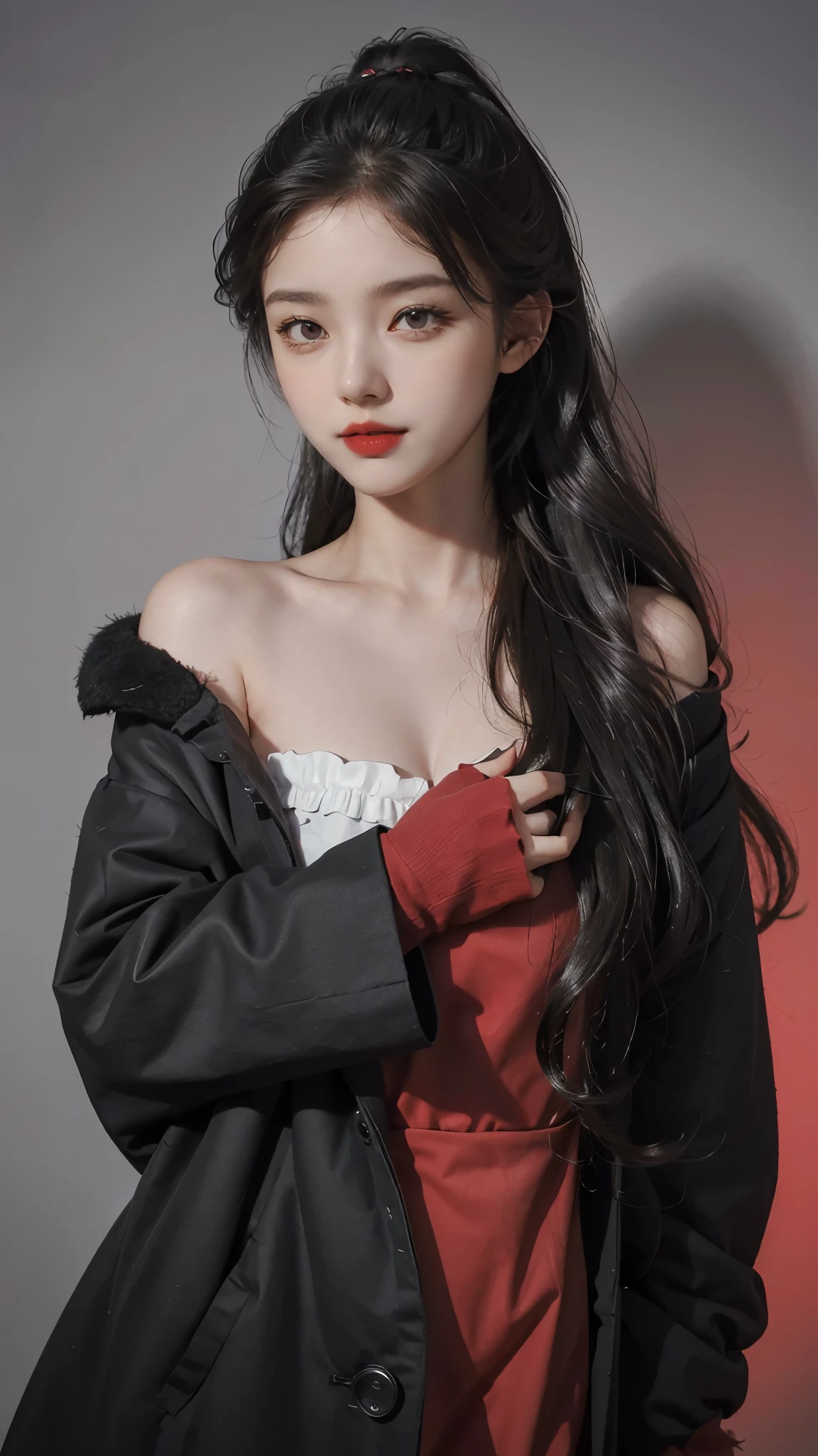 Girl wearing, luxury black coat, shoulder length hair, wavy hair, glowing skin, star in eye, red lips, grey  background, cute poses , upper body.