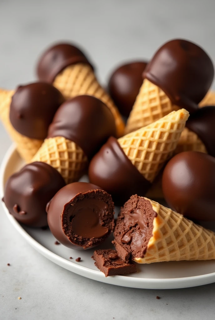 A professional bakery photograph of waffle cones dipped in milk chocolate, chocolate dipped cones, covered in chocolate broken in half into equal pieces lying on a plate, a waffle cone completely dipped in milk chocolate filled with prestige and cut in half into equal pieces