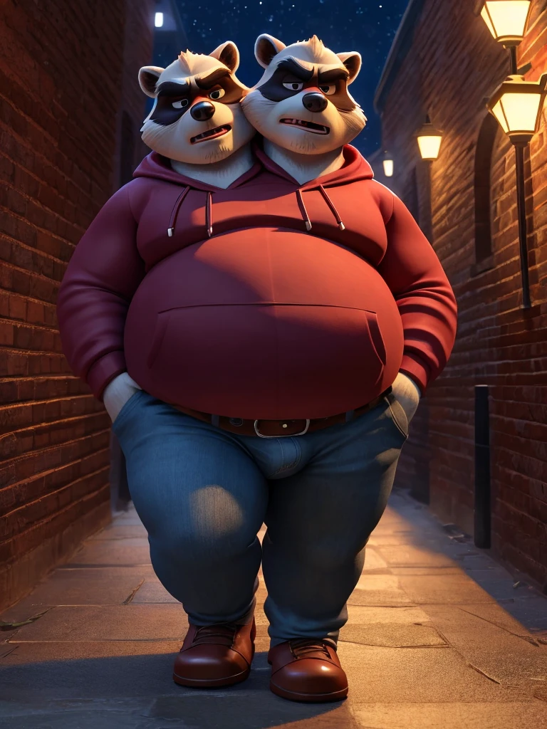 solo, raccoon, twins, 60 year old male, (walking, hands in pockets), natural pose, different facial expressions, tired, bored, annoyed, two identical heads attached to the same body, raccoon ears, bald, stubble, beard, masculine, two necks, eyes, adult, male, 3d, by disney, by pixar, (overweight, fat, obese, big belly), night sky, brick alleyway background, streetlamp, hoodie, belt, jeans, bulge, correct hands, correct anatomy, ultradetailed, best quality, detailed masterpiece, highly detailed masterpiece, 4k, professional cartoon