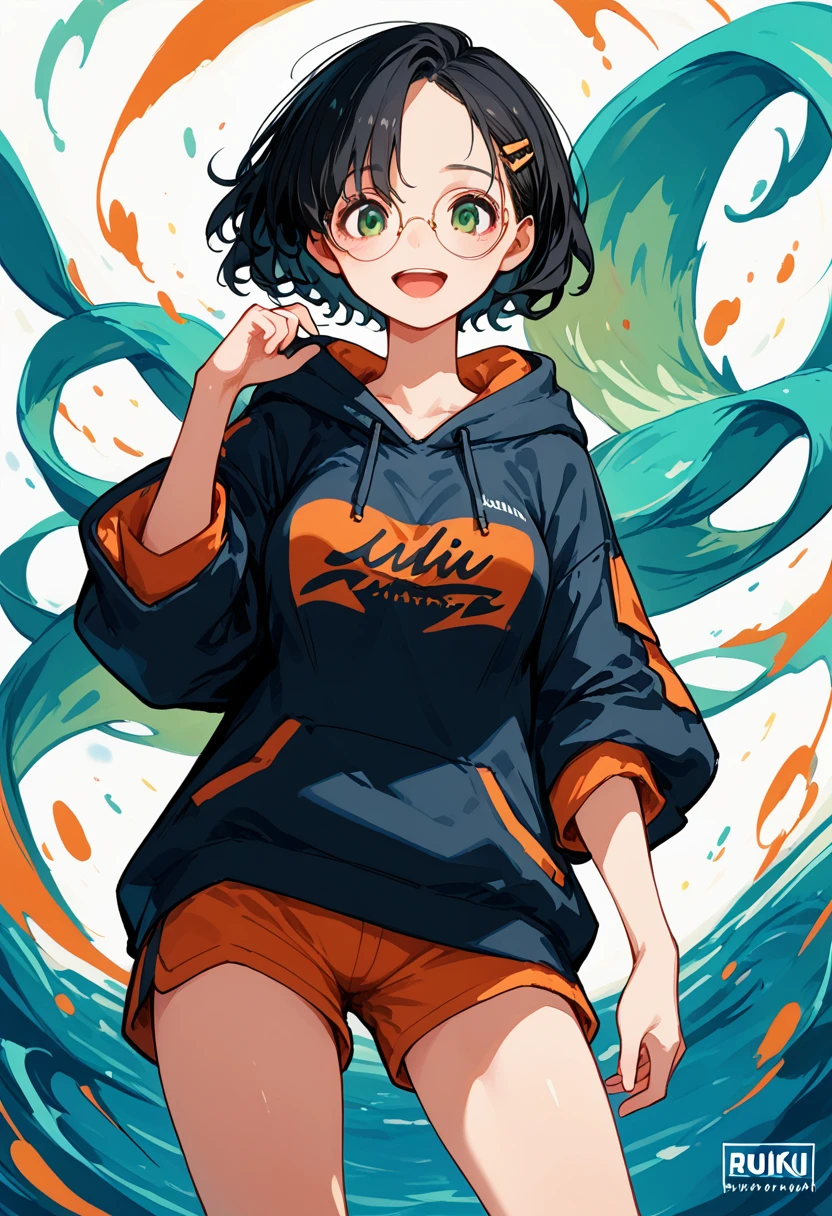 score_9, score_8_up, score_7_up, rating_explicit, score_anime, masterpiece, best quality, delicate illustration, sharp line, sharp focus, break (portrait:1.3), 1girl, (happy:1.3),clothed, break
(black hair, short hair, wavy hair, forehead, green eyes, round glasses, gold hair clip, medium breasts, 2 woman), oversized navy hoodie, short pants, subaru-logo,