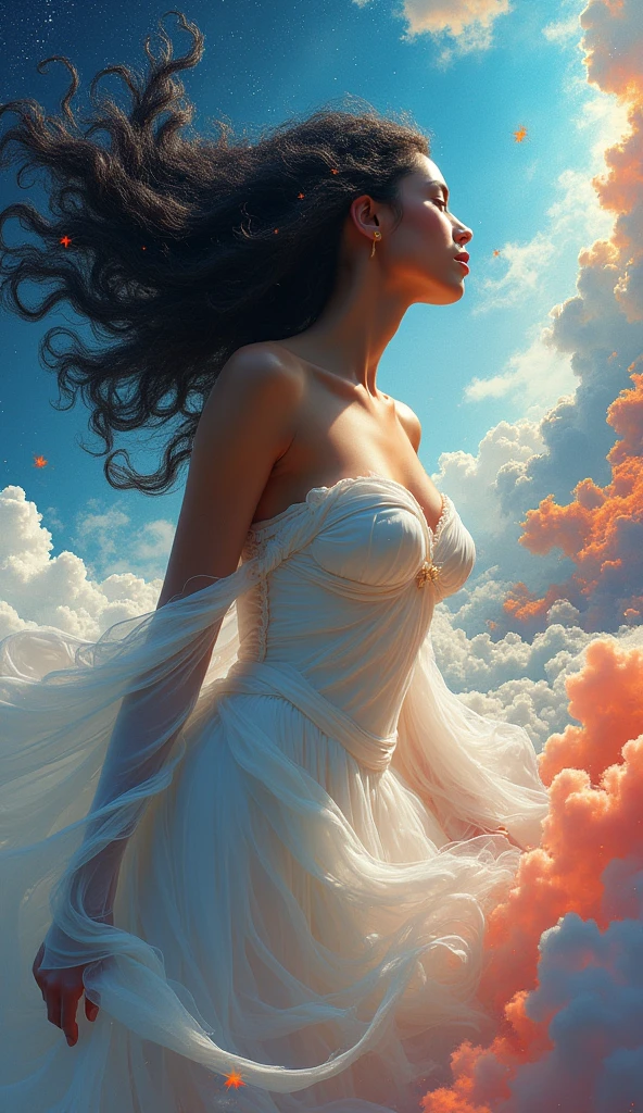 Ultra Beautiful Woman Definition of Love, ultra shiny hair swirling and woven, big breasts, puffy clouds, blue skies, multicolor cosmic background, beautiful white swirled in black silk gaussian gown, dynamic pose, wants a kiss, 36k resolution highest detail, gere, beleza abstrata Fantomas, Looking at the camera, peito grande, approaching perfection, dynamic, azul vermelho e laranja cores, altamente detalhado, oil painting, artstation, arte conceitual, sharp focus, illustration, arte por Carne Griffiths e Vadim Kashin