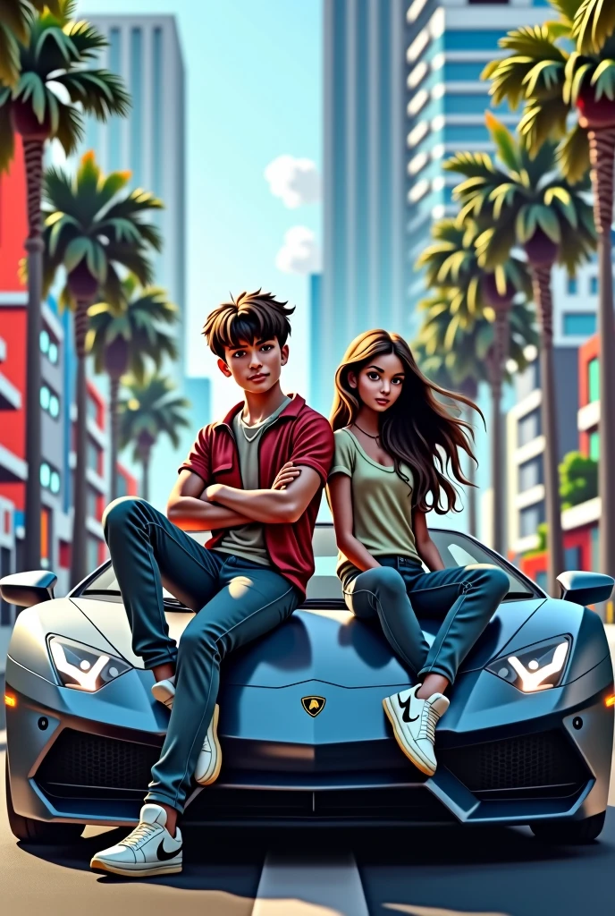 A 15 year boy named Ankush sitting on lamborghini with his girlfriend age 15
name kajal name Ankush and kajal