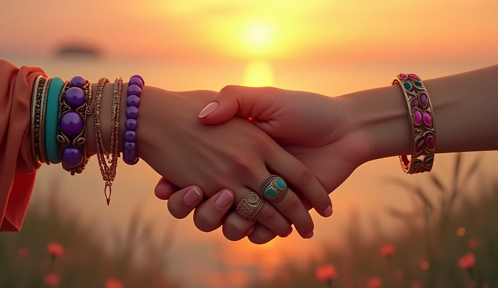 Two hands coming together, one with rings and bracelets (pride) and the other naked (humility). The background is a soft sunset, reflecting unity and empathy.