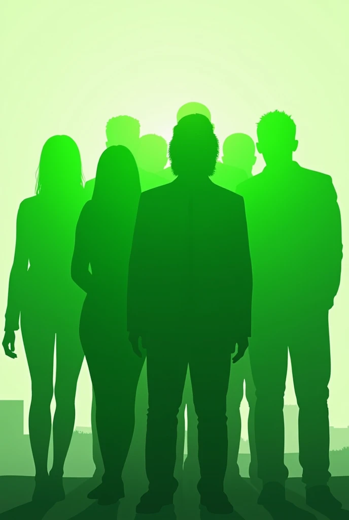 Generate me an image with 10 silhouette of people together color only the silhouette of the people green