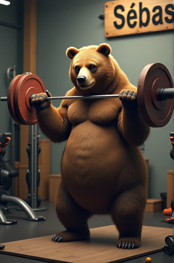 Bear exercising with weights and a sign that says Sebas, gym 