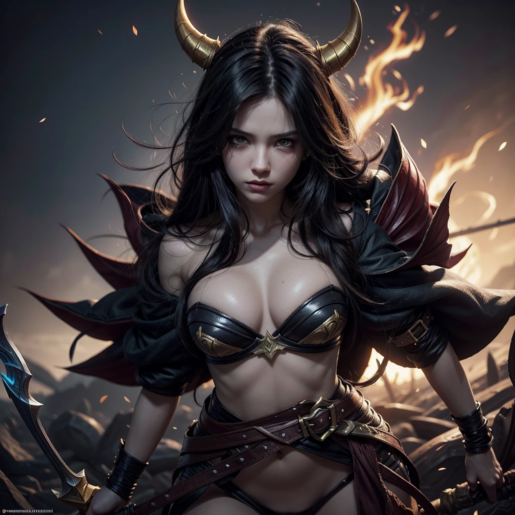 a close up of a woman with a sword and a demon, concept art by Lisa Nankivil, Artstation contest winner, Fantasyart, league of legends style art, league of legends art style, league of legends art, League of Legends character art, arte inicial de League of Legends, league of legend illustration, Arte inicial de League of Legends, Samira do League of Legends