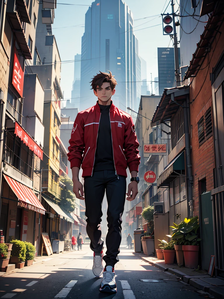 A boy, slightly dark brown hair, skin fair, light gray jacket, Red shirt, black pants, red and white sneakers, looking at the camera, Setting of a futuristic city, holding an epée, heroic pose, high qualiy, best qualityer, 8K resolution
