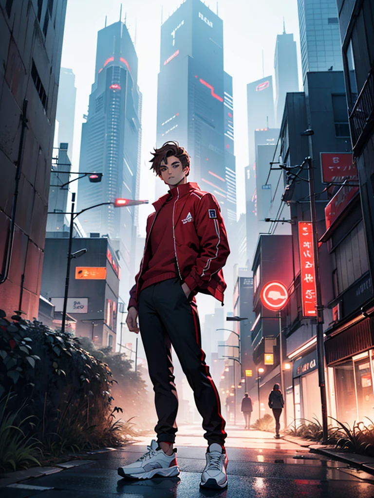 A boy, slightly dark brown hair, skin fair, light gray jacket, Red shirt, black pants, red and white sneakers, looking at the camera, Setting of a futuristic city, holding an epée, heroic pose, high qualiy, best qualityer, 8K resolution