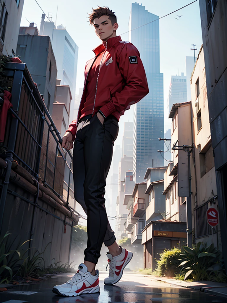 A boy, slightly dark brown hair, skin fair, light gray jacket, Red shirt, black pants, red and white sneakers, looking at the camera, Setting of a futuristic city, holding an epée, heroic pose, high qualiy, best qualityer, 8K resolution