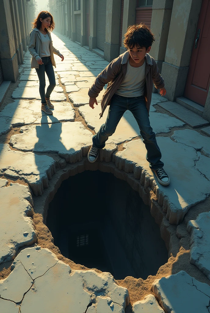 (Best Quality)), ((masterpiece)), (detailed),
One of the teenagers the boy trips on a loose slab on the ground, revealing a secret door leading to a dark basement.and the girl is amazed to see the basement 