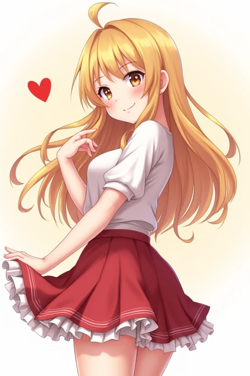 1 , longye hair, high resolution, hair blonde, ssmile, embarrased, skirt short, upskirt