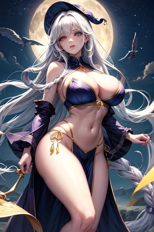 witch magician sorceress fused transparent clothes eyes look at the sky long braided hair yellow lips white makeup athletic body thin waist very large breasts very large buttocks. . the multicoloured moon   