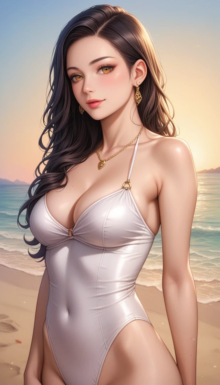 score_9, score_8_up, score_7_up, score_6_up, score_5_up, score_4_up, source_anime, rating_questionable,
a beautiful elegant japanese supermodel, detailed beautiful face, long black hair, gentle expression, extremely detailed and realistic skin, porcelain white skin, amazing proportions, elegant swimsuit, sunset beach, desolate sandy shore, cinematic, low angle