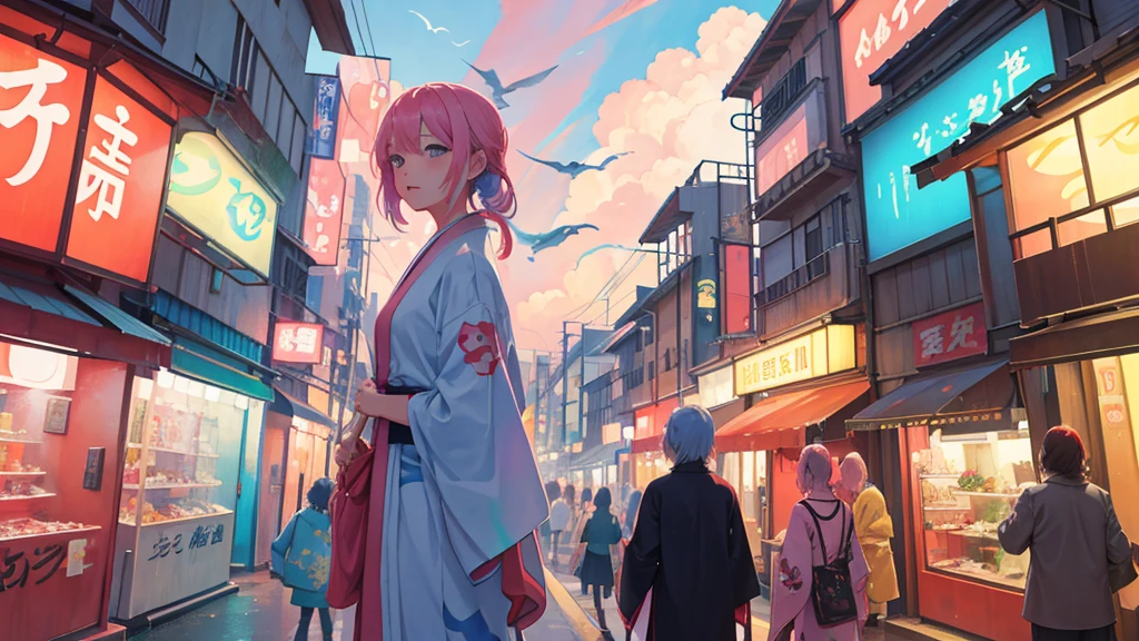 Japanese street, colorful, carteleria, business, crowded, dirty, messy, very detailed, dream atmosphere, clouds, flying fish, birds, psychedelic, pastel colours, Beautiful, illuminated, Traditional clothes, festival, anime style