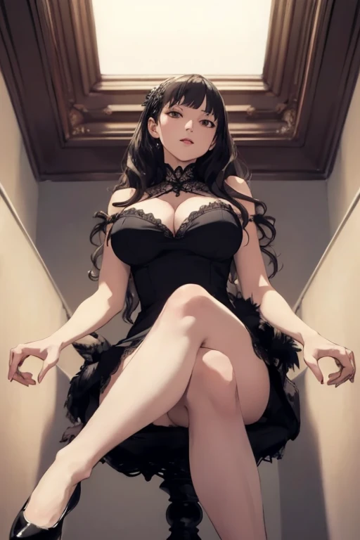 ((Best Quality)), ((masterpiece)), (detailed), 1 girl, with tight black dress, ((crossing legs)),((sitting)), white panties, big breasts,wavy fur,looking at the viewer,((Whole body)),((views)),((view from below 