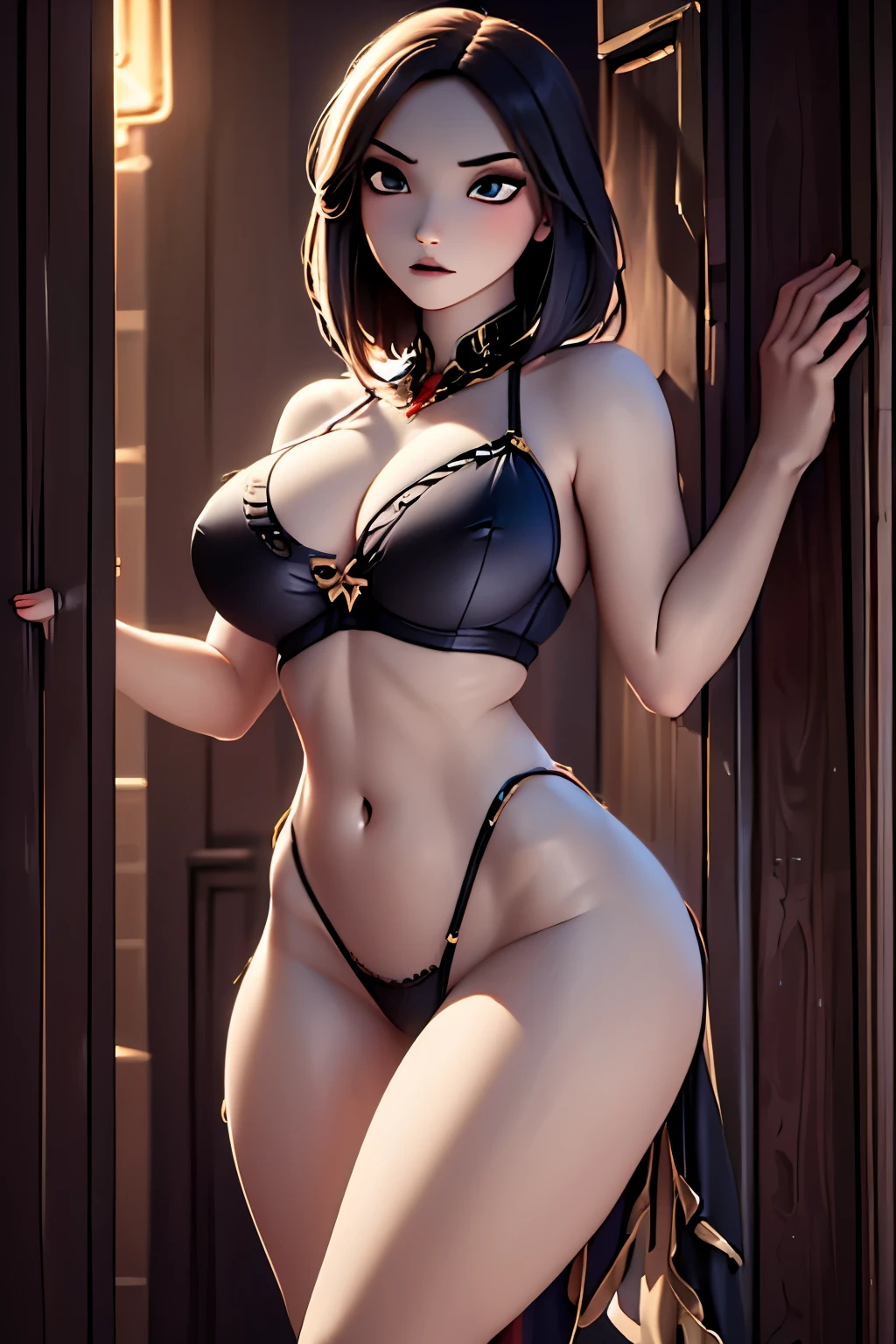 (High quality: 1.3), cinematic shot, masterpiece, (sharp focus: 1.5), (photorealistic: 1.3), full body portrait of (a beautiful young woman sexy, pale skin, gothic, still proud and fierce, straight black short bob hair, dark look, dressed in a highly detailed lingerie, dark atmosphere, but sculpting the shapes in sharp chiaroscuro), is night, (highly detailed skin), (detailed face), detailed background, dark lighting, twilight lighting, volumetric lighting, complex details, UHD, big sexy thighs, eyes looking seductively forward, big perfect, hourglass body shape, hyper sexualized, 