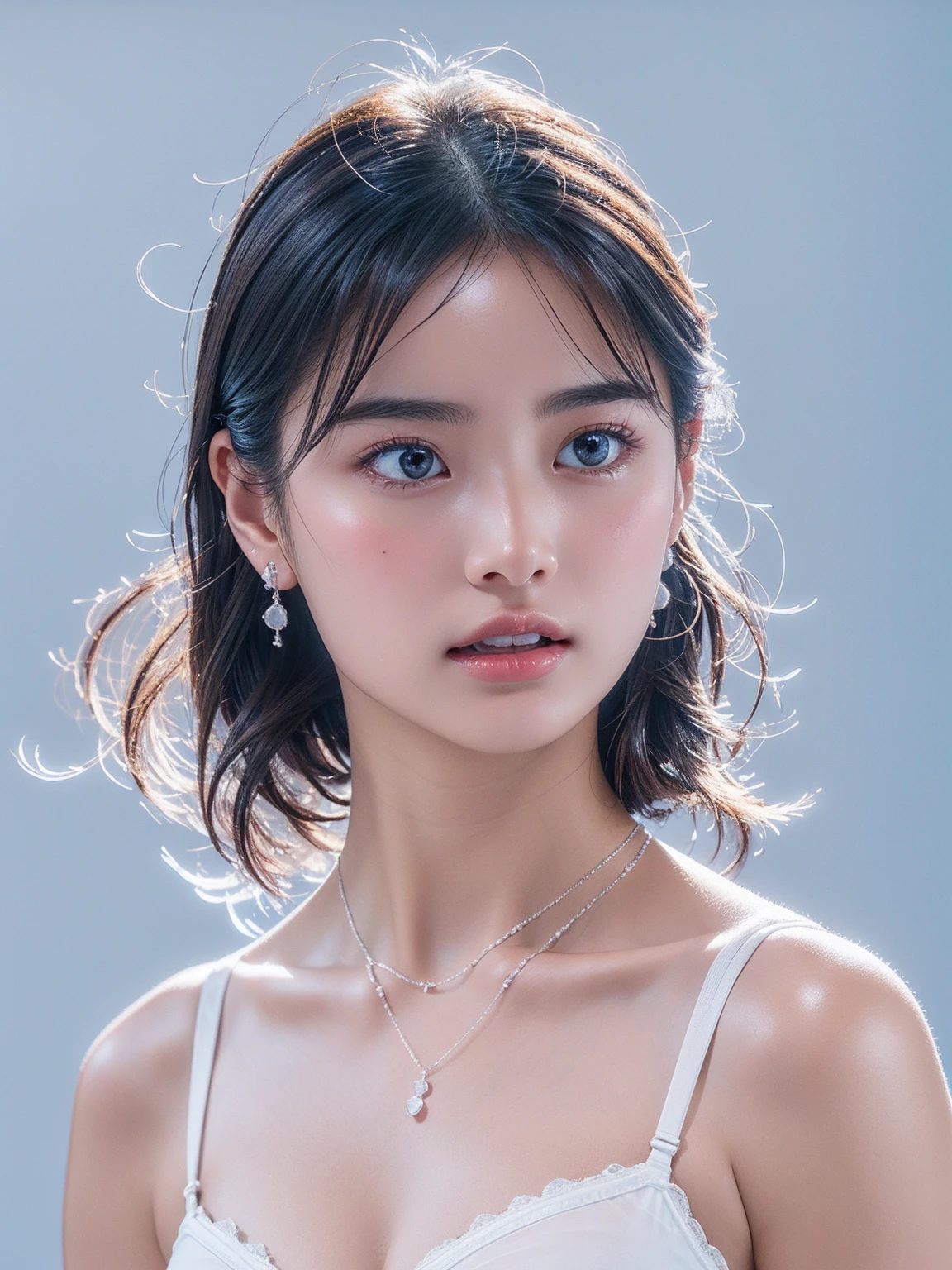 White Background、Professional Lighting、(((Professional Lighting 1.5)))、Translucent skin texture、Beautiful Skin、Beautiful Skin、、(((Whitening 1.5)))、White bra、See through、、Ecstasy of Musical Notes、((White bra1.5))、See through1.5、Bust up photo、Simple earrings and necklace、Fluttering Hair、