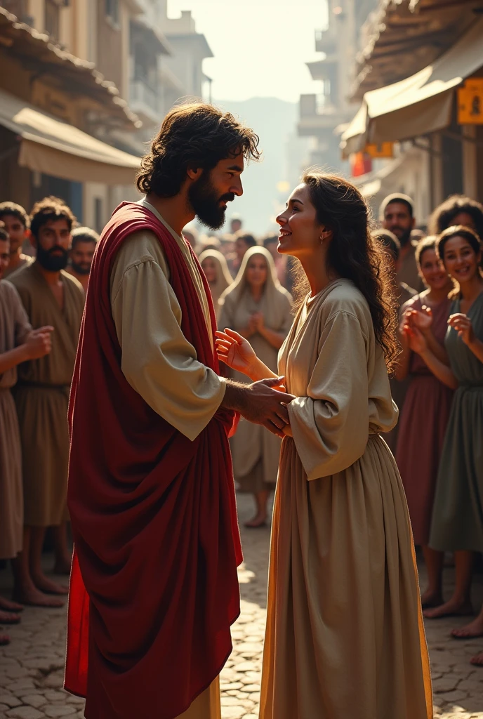 "A touching scene depicting Jesus and the woman with the issue of blood in a bustling biblical setting. Jesus, dressed in simple robes, stands amidst a crowd of people. The woman, dressed in modest clothing and with a look of desperation and faith, reaches out to touch the hem of His garment. Her expression is one of hope and reverence, while Jesus turns to her with a compassionate and knowing gaze. The background is a lively street scene, with people pressing around Jesus, adding to the contras