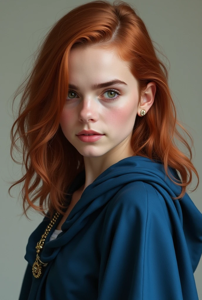 Pretty young girl inspired by Emma Watson with medium length dark copper red hair; with eyes that vary between green, gray and light brown; fair skin and blue Ravenclaw witch robes. realisitic.