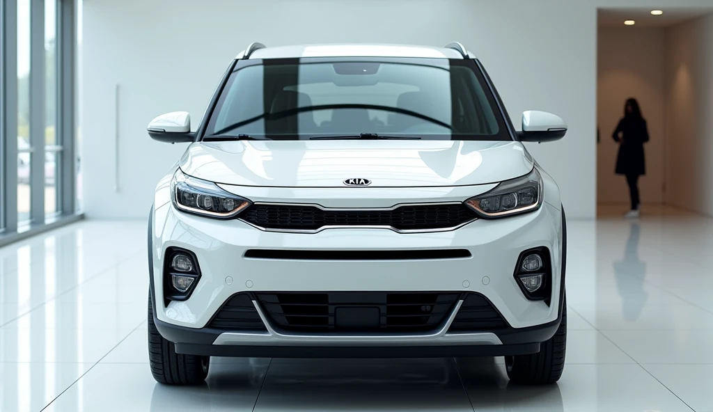 Give me a competative image of ( Kia Stonic ) ( white ) front view in showroom 