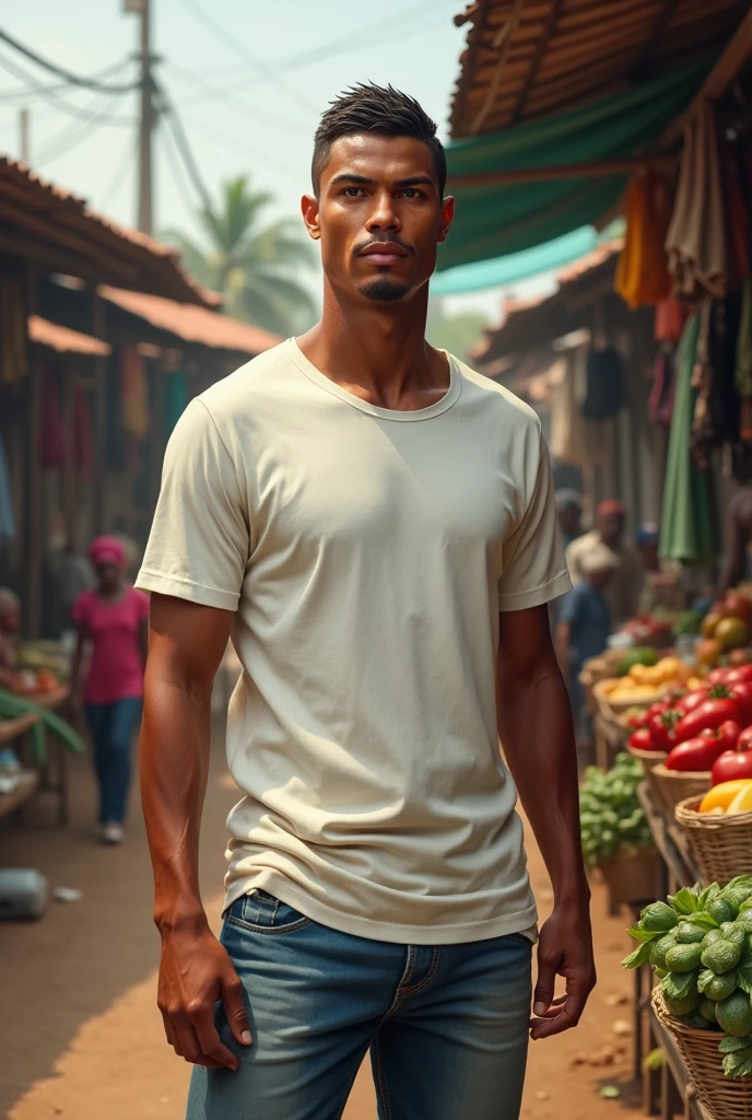 a realistic christiano ronaldo in a casual cloth in a nigerian igbo market